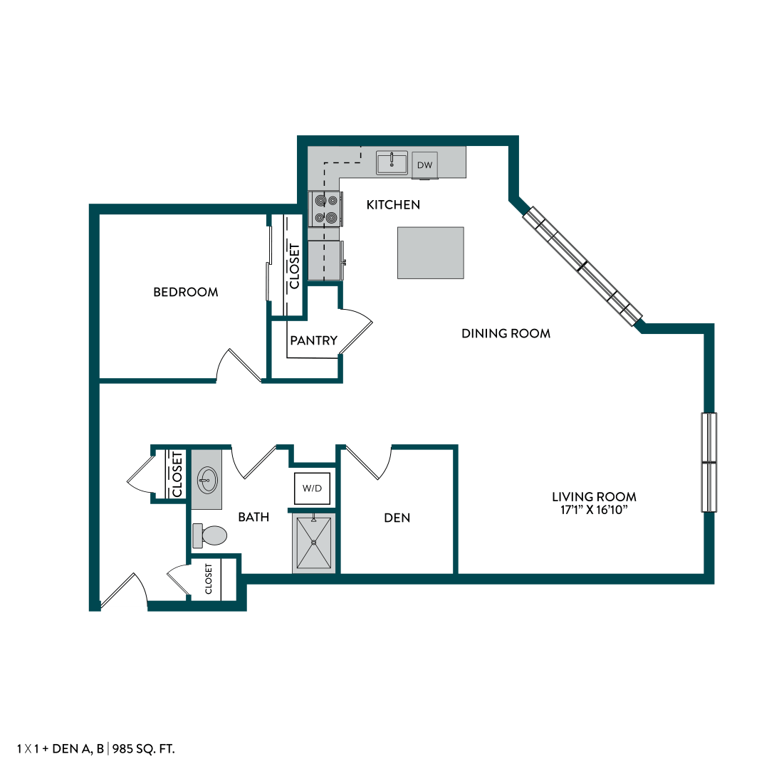 Floor plan for 1 bed, 1 bath, 772 sqft